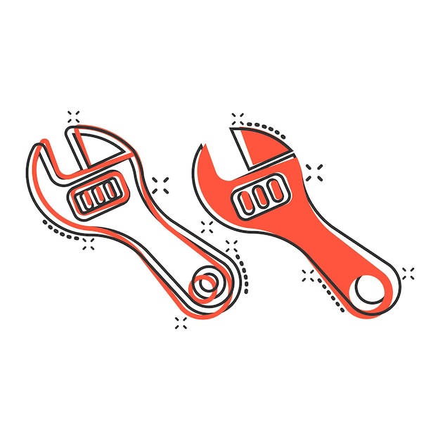 Wrench icon in comic style Spanner key cartoon vector illustration on white isolated background Repair equipment splash effect business concept