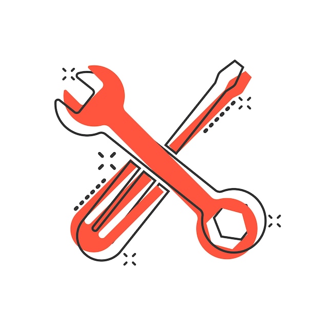 Wrench and screwdriver icon in comic style Spanner key cartoon vector illustration on white isolated background Repair equipment splash effect business concept