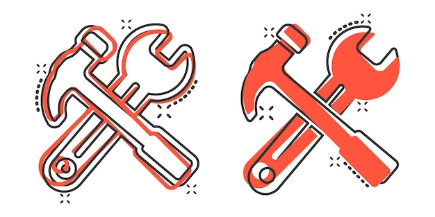 Vector wrench and screwdriver icon in comic style spanner key cartoon vector illustration on white isolated background repair equipment splash effect business concept