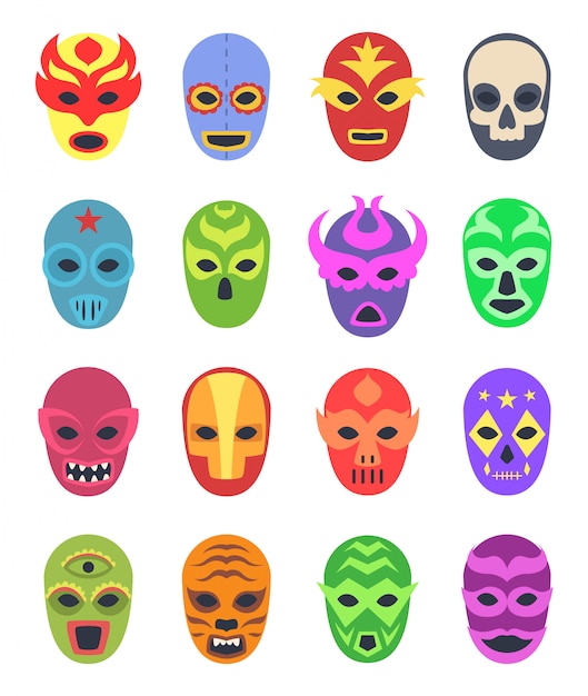 Maschere da wrestler. combattenti marziali messicani indossano abiti colorati collezione mascherata lucha libre