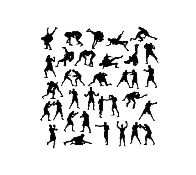 Wrestlers fighting and referee vector silhouettes art vector design