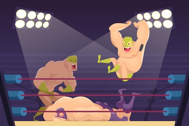 Vettore lottatori che combattono. sport cartoon mortale con personaggi di combattimento luchadors mascotte