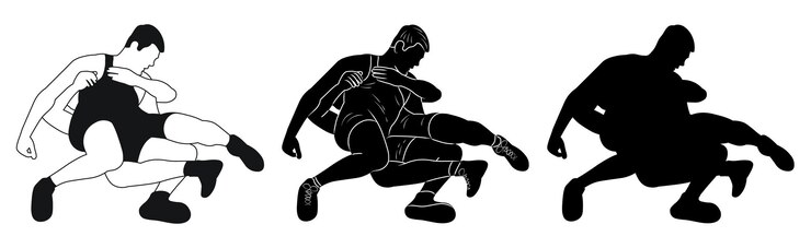Wrestlers in a prone position after a blow Greco Roman wrestling duel silhouette sketch