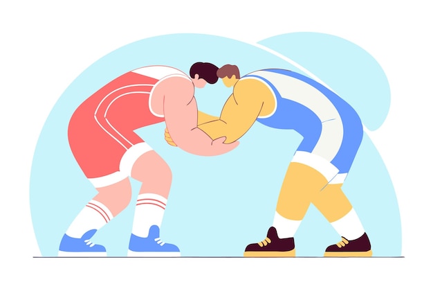 2人の強い戦士のレスリングマッチ フリースタイルレスラーの戦い スポーツの対戦相手が戦いで競い合う トーナメントの男性アスリート 白い背景のフラットイラストアート