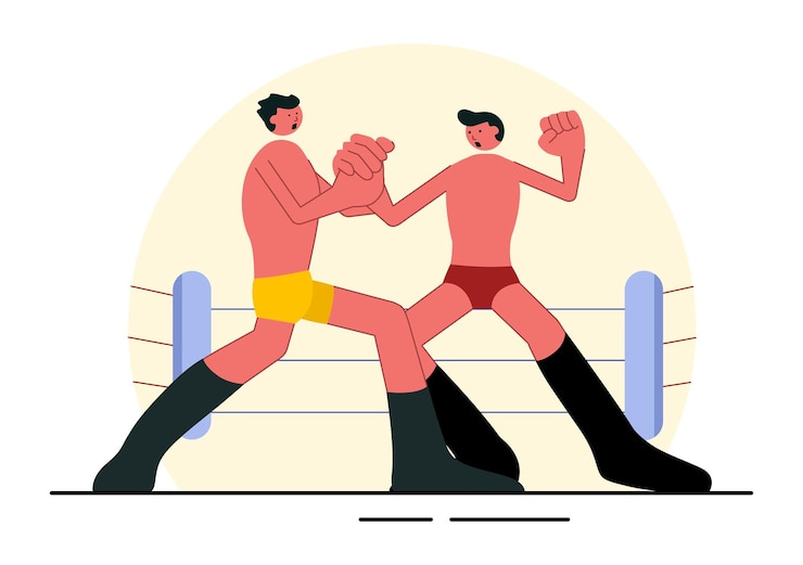 Vector wrestling vector illustration of two fighters in a boxing competition or championship match in an arena in a flat style cartoon background