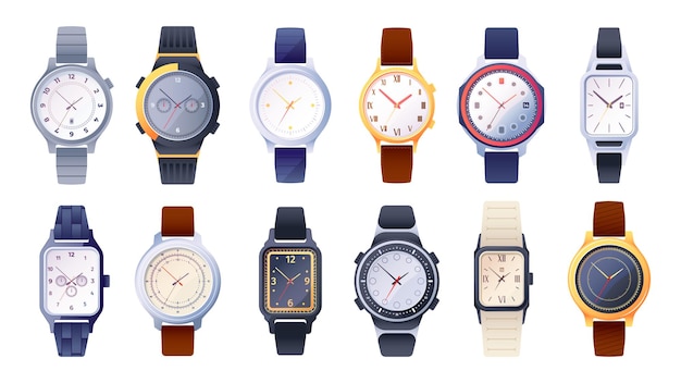 Vector wrist watch collection classic mechanical clock face with fashion bracelet flat style analog wristwatch smartwatch male female accessory vector set