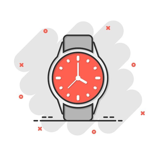 Vector wrist watch icon in comic style hand clock cartoon vector illustration on white isolated background time bracelet splash effect business concept