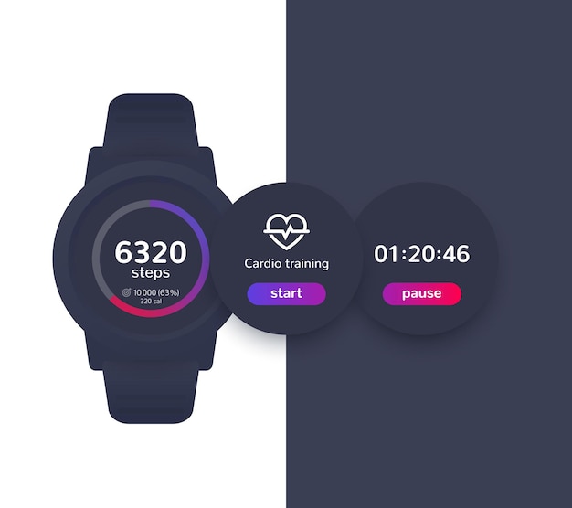 Vector wrist watch with fitness app, activity tracker, timer, step counter, ui design