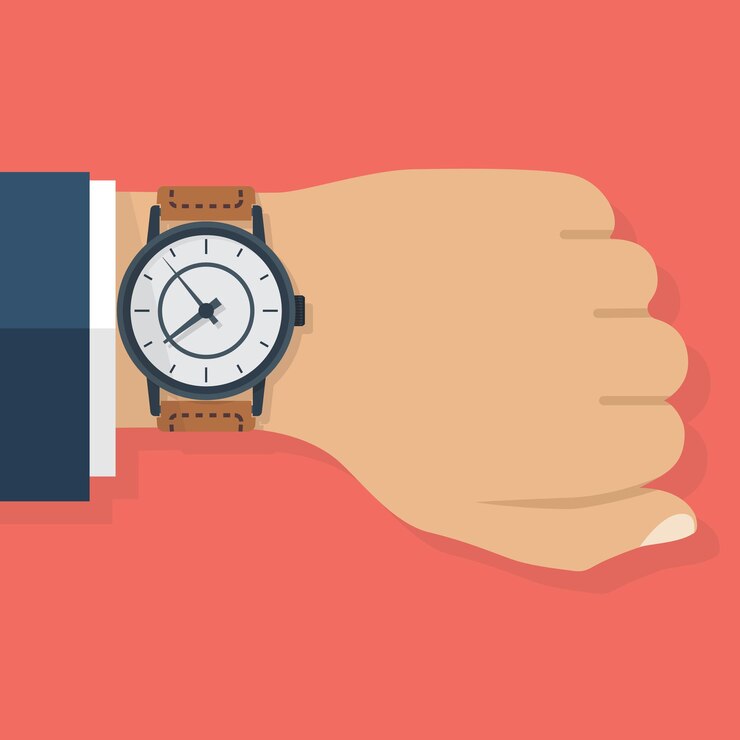 Vector wristwatch on the hand of businessman in suit. time on wrist watch. man with clock. man checks time on clock. time control. hand with clock isolated on background. flat design, vector illustration.