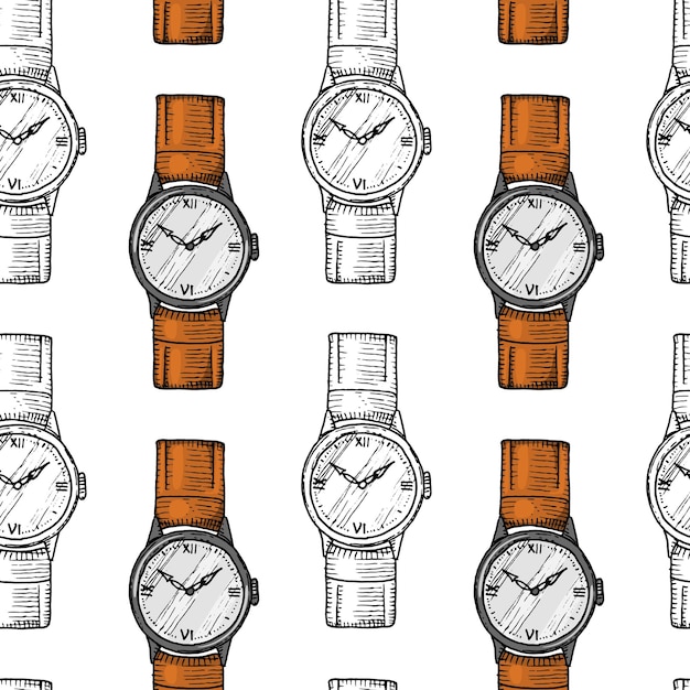 Wristwatch seamless pattern or wristlet watch classic man with bracelet accessory for time tracking victorian era engraved hand drawn in old vintage sketch