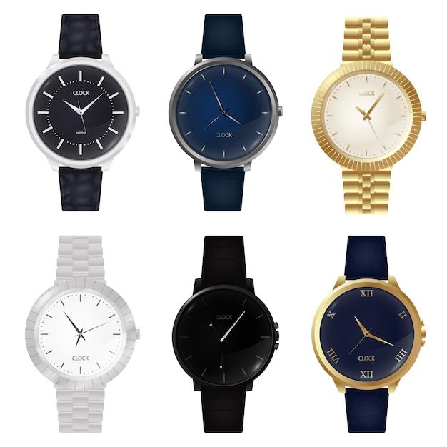 Vector wristwatches realistic luxury silver and golden men watches with modern steel bracelets fashion