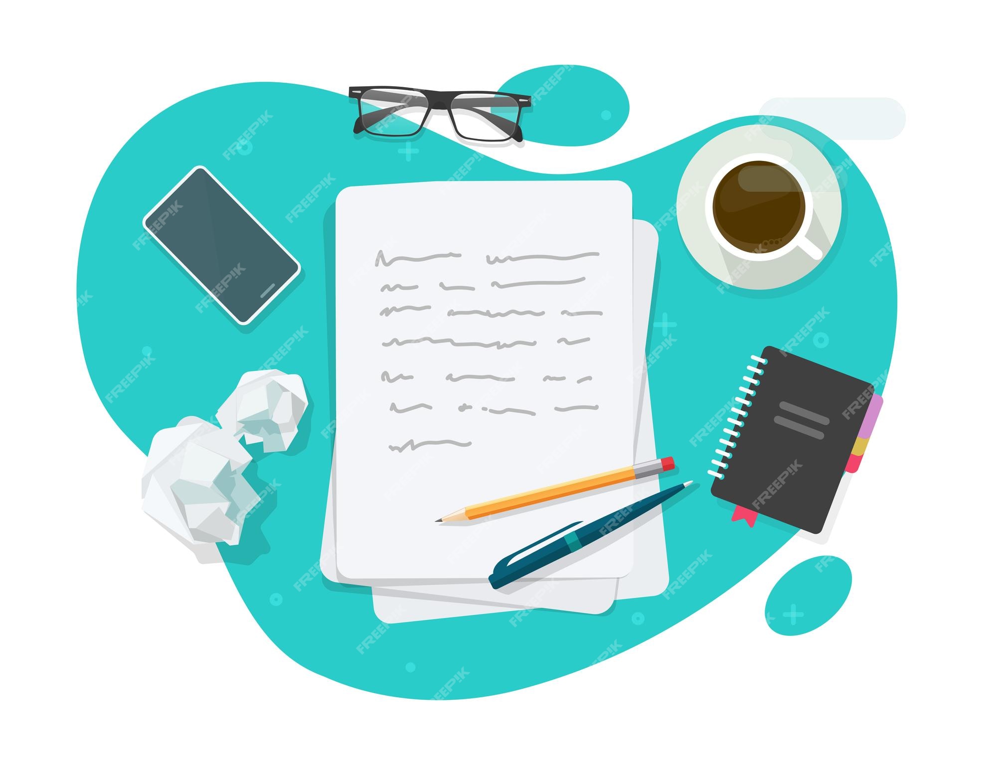 Premium Vector | Write essay content on author work table or copywriter text editor flat cartoon graphic article Premium Vector | Write essay content on author work table or copywriter text editor flat cartoon graphic article