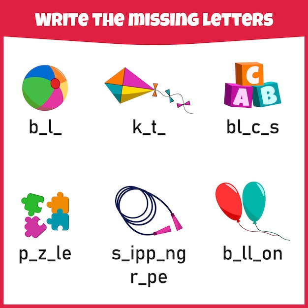 不足している手紙を書いてください。教育のためのワークシート。不足している文字を記入してください。子供のためのミニゲーム。