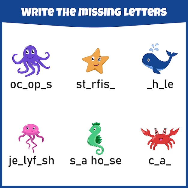 Write the missing letter. Worksheet for education. Fill in the missing letter. Mini-game for children.