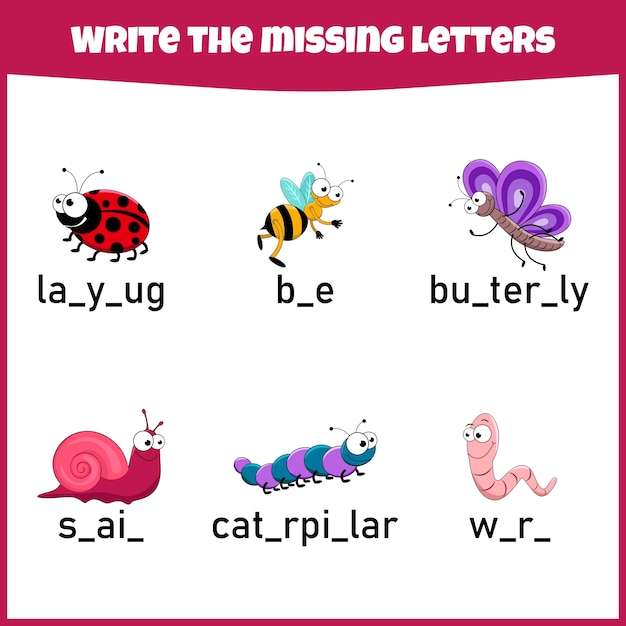 Write the missing letter. Worksheet for education. Fill in the missing letter. Mini-game for children.