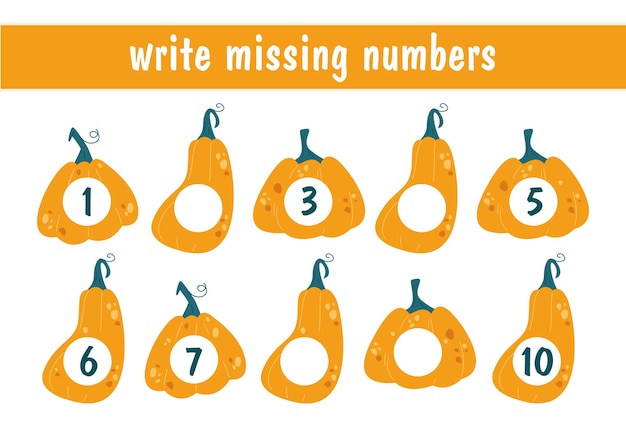 Write missing numbers cartoon pumpkins with numbers halloween mini game for children