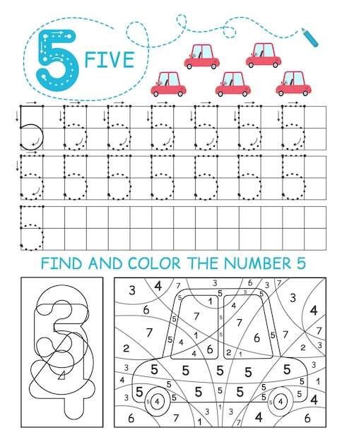 Scrivi numeri 5. foglio di lavoro con cinque tracce con auto per ragazzo. foglio di lavoro prescolare, esercitazione delle capacità motorie - tracciare linee tratteggiate.