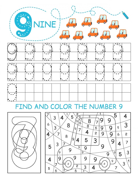 Write numbers 9. nine tracing worksheet with cars for boy. preschool worksheet, practicing motor skills - tracing dashed lines.