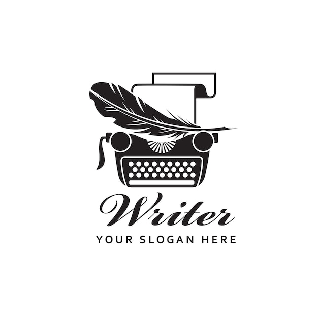 writer badge with typewriter and pen feather