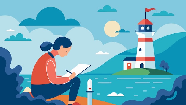 Vector a writer sits at the lookout the sound of the waves and the lighthouses rhythmic blinking guiding