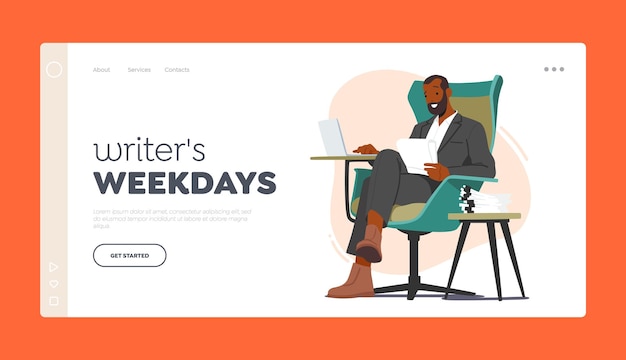 Writer Weekdays Landing Page Template Black Character Sitting at Armchair Typing Article on Laptop Creative Person