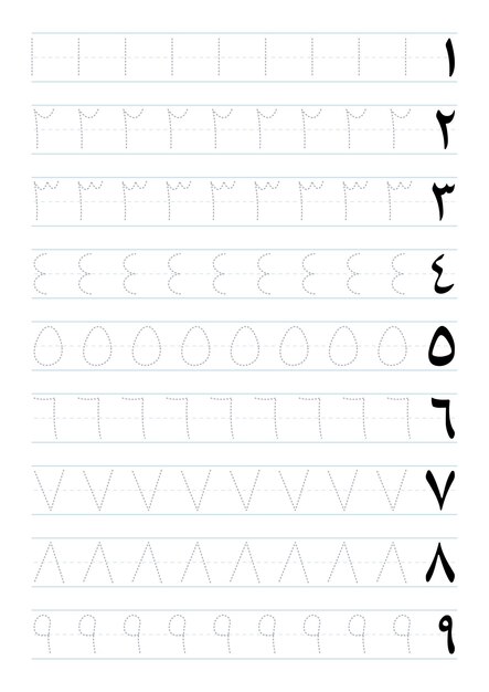 Scrivere fogli di lavoro con numeri arabi da 1 a 9 per bambini con guida al tracciamento