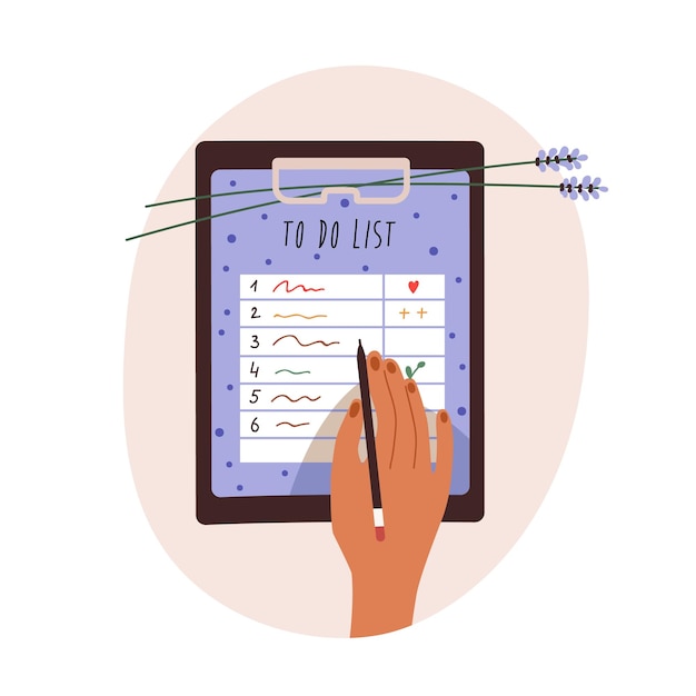 To Do リスト フォームに毎日の計画を書きます。クリップボード上の紙シートに Todo メモを作成するペンを持つ手。個人的な時間やスケジュールを整理する。フラット グラフィック ベクトル図は、白い背景で隔離。
