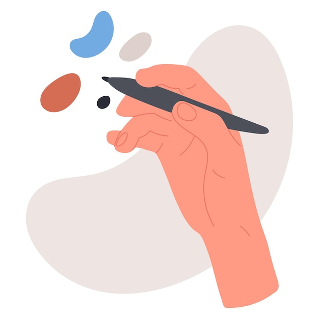 Writing hand Human hand with painting tool pencil pen or stylus cartoon flat vector illustration on white background