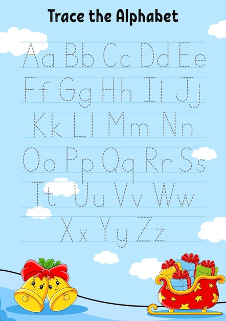 Vector writing letters tracing page practice sheet worksheet for kids learn alphabet cute character cartoon style