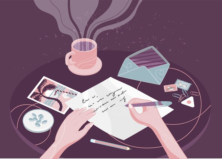 Vector writing and sending paper letters or correspondence through postal service top view on table