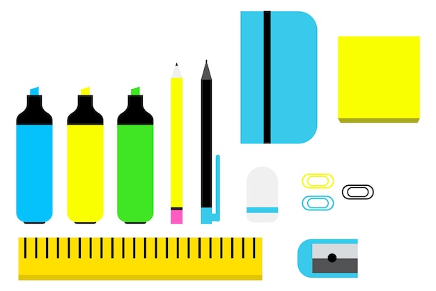 Set di strumenti di scrittura penne e pennarelli con blocco note cancelleria per ufficio