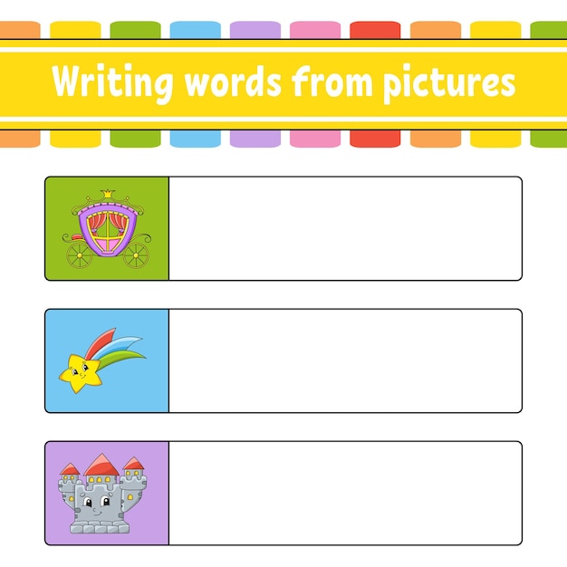 Writing words from pictures education developing worksheet activity page for kids puzzle for children cartoon characters vector illustration