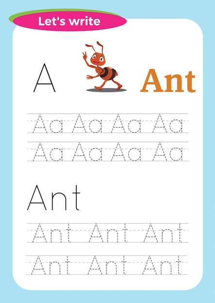 Writing worksheet for preschool. A letter for Ant. Teaching children how to write. Educational print