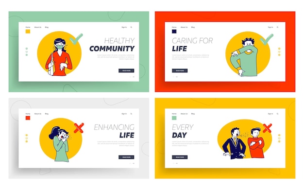 Vector wrong and correct ways for sneezing landing page template set.