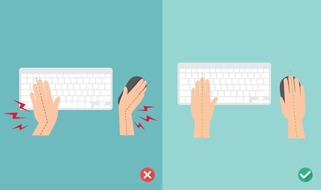wrong and right ways for hand position in use keyboard and mouse illustration vector