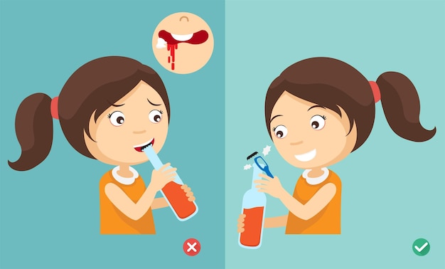 Wrong and right ways for open the bottle with his teeth illustration vector