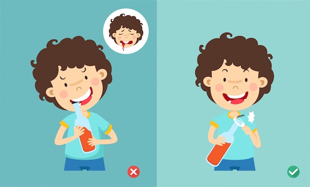 Wrong and right ways for open the bottle with his teeth illustration ,