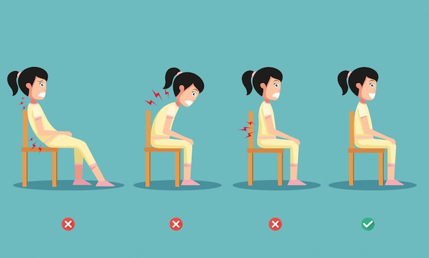 Vector wrong and right ways positions for sitting, illustration