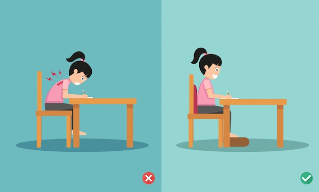 Wrong and right ways positions for sitting writing on book,illustration