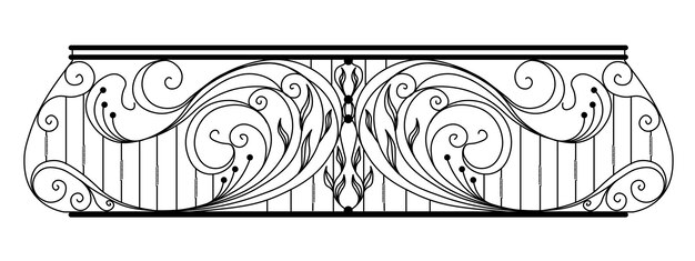 Wrought iron balcony Black metal railing with forged ornaments on a white background