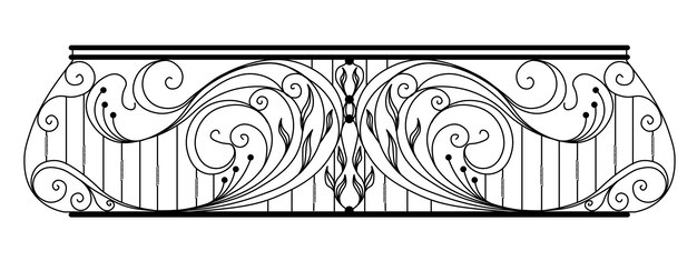 Wrought iron balcony black metal railing with forged ornaments on a white background