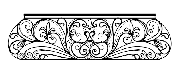 Vector wrought iron balcony black metal railing with forged ornaments on a white background