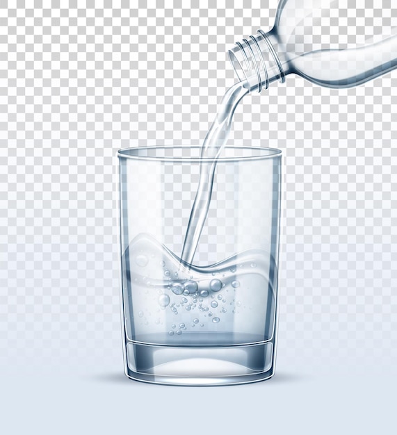wwater pouring into realistic glass cup from plastic bottle