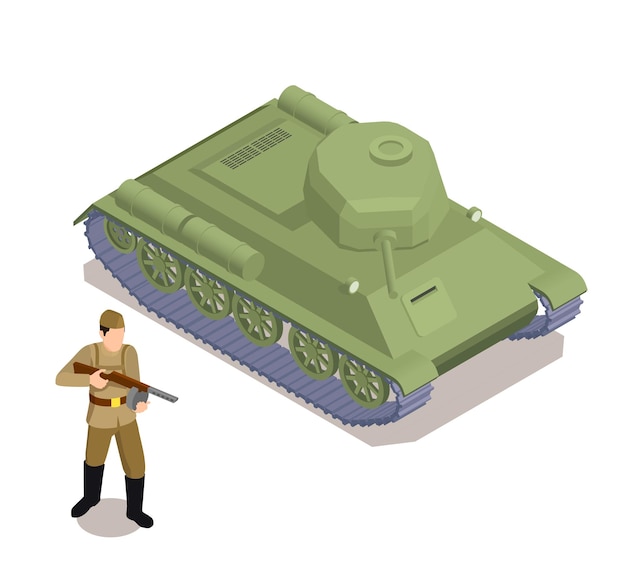 Wwii militaire uitrusting set met gepantserde tank en soldaat isometrische vectorillustratie