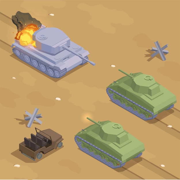 Wwii military vehicles isometric composition with tank battle vector illustration