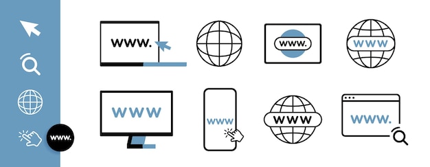 WWW flat line icon set with computer phone laptop and tabled Internet browser search bar with globe and mouse arrow click Web hosting technology Vector illustration