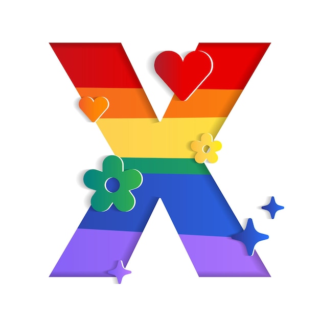 X alfabet karakter lettertype brief trots maand LGBTQ regenboog 3D papier knipsel kaart vectorillustratie