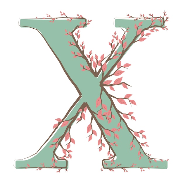 X letter in uppercase made of soft hand-drawn leaves