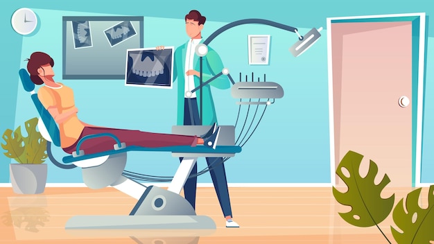 X-ray jaw flat composition with indoor scenery and patient on dental chair with dentist character