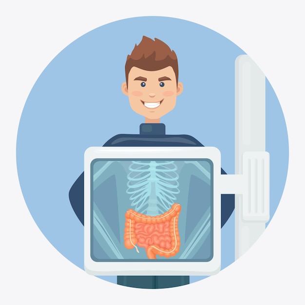 X-ray machine for scanning human body. roentgen of chest bone. ultrasound of intestines, guts.